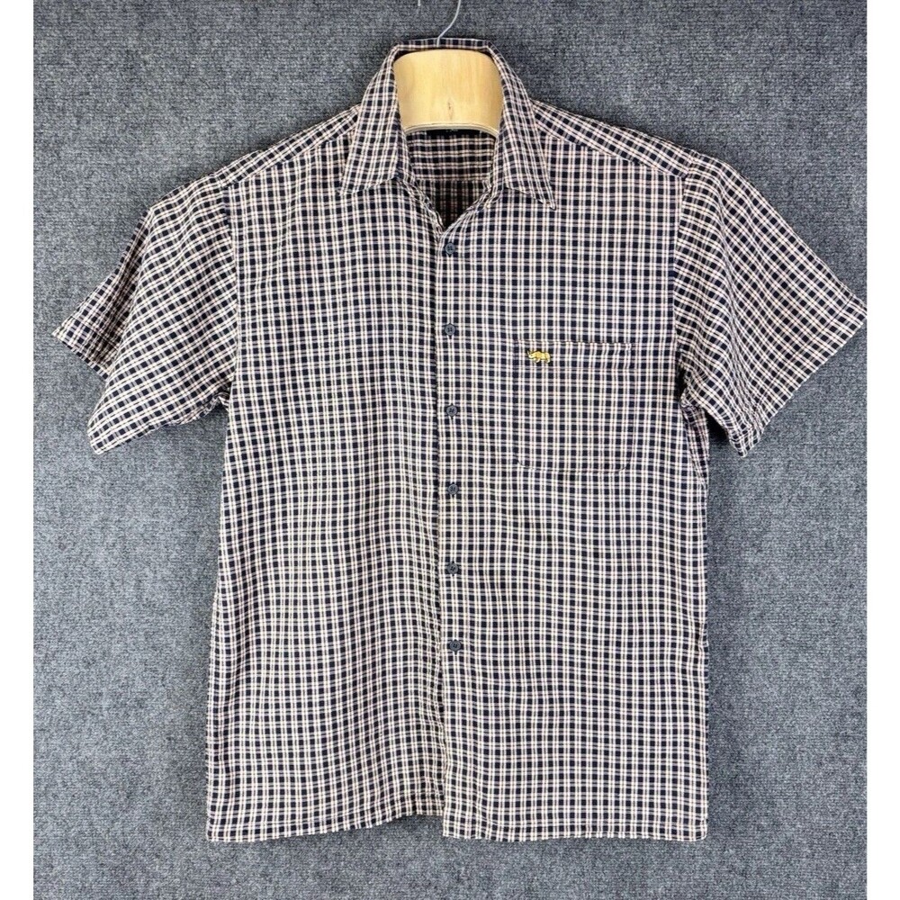 PAT Classic Mens 105 L Blue Cream Gingham Short Sleeve Shirt Rhino Logo